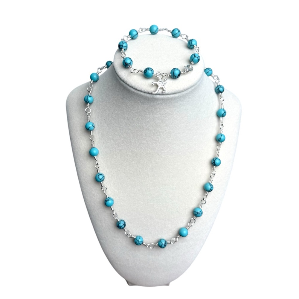Hand Crafted Turquoise Beaded Wire Wrap Necklace and Bracelet Set Starfish Charm